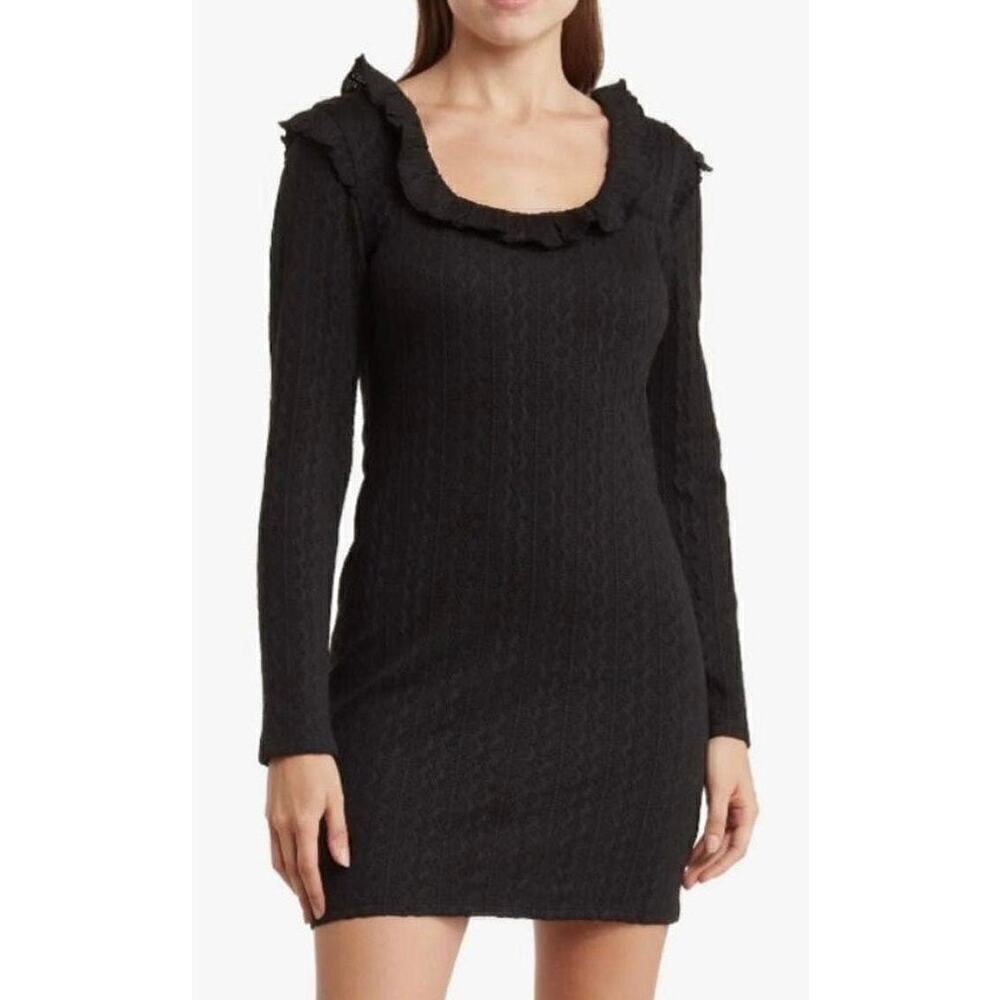 19 Cooper Dress Knit Ruffle Long Sleeve Scoop Neck Bodycon Mini Black NWT XL